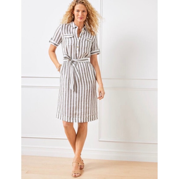 Talbots Dresses & Skirts - Talbots Linen Utility Shirt Dress Lawn Stripe Belted Khaki White Size 2P Petite